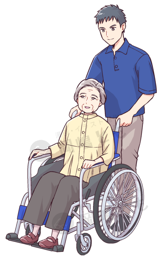 車椅子に乗るシニアの女性と、それを押す男性介護士